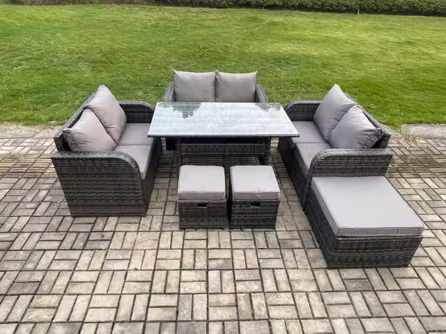 Fimous 9 Seater Outdoor Rattan Garden Furniture Set with Rectangular Dining Table, Love Sofa and 3 Footstools in Dark Grey