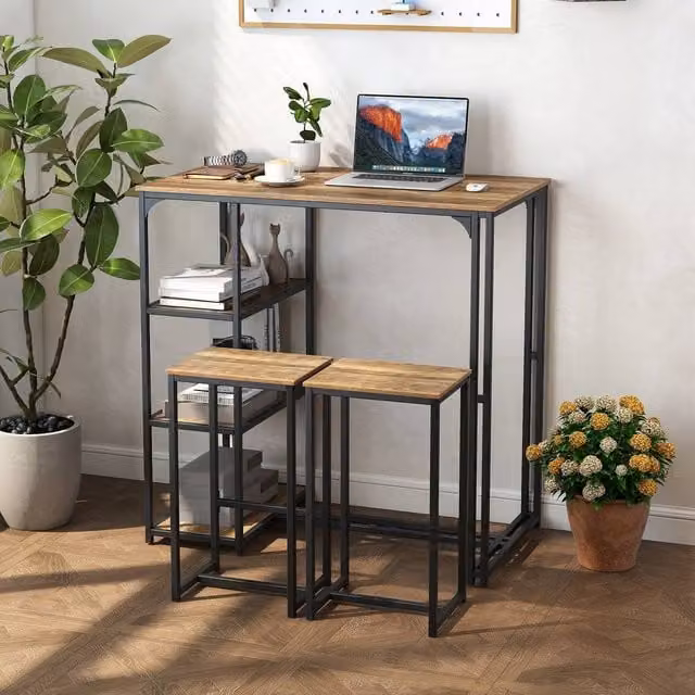 Costway 3-Piece Industrial Bar Table Set with 2 Stools in Brown