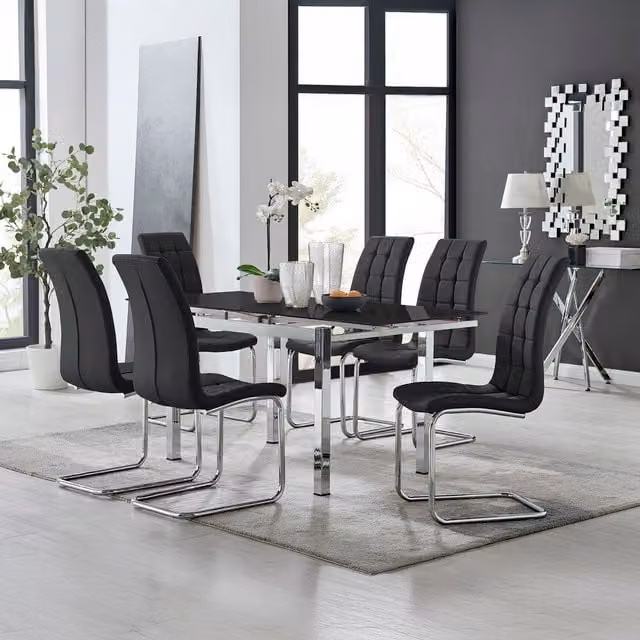 Furniturebox Enna Black Glass Extending Rectangular Dining Table and 6 Murano Chairs