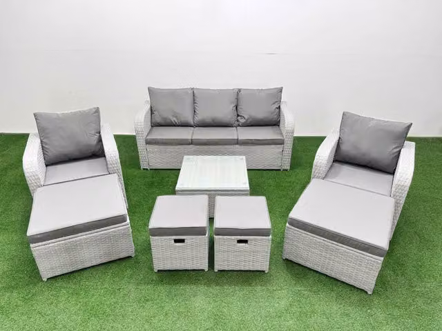 Fimous PE Rattan Lounge Sofa Set in Light Grey with 3 Seater Sofa, Coffee Table and 4 Footstools