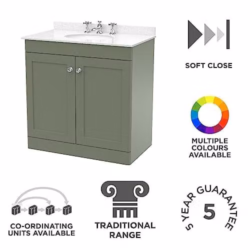 nuie Classique Traditional Bathroom Floor Standing 2 Door Unit and 3 Tap Hole Marble Worktop with Round Basin, Satin Green and White, W: 800 mm, D: 48.5 cm, H: 87.8 cm – 2