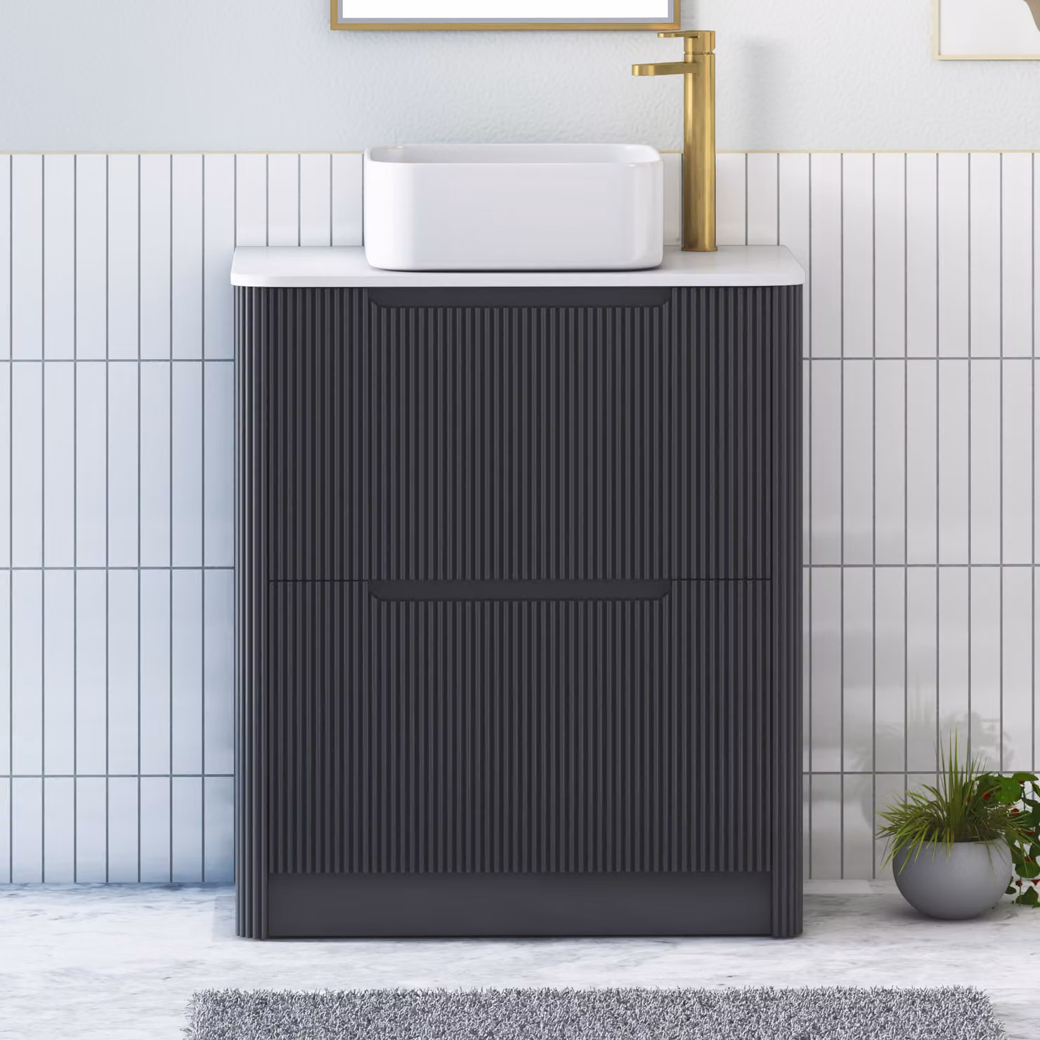 Royal Bathrooms Avenza 600mm Matt Obsidian Black Floor Standing 2 Drawer Vanity Unit with Plain White Worktop and Elena Basin