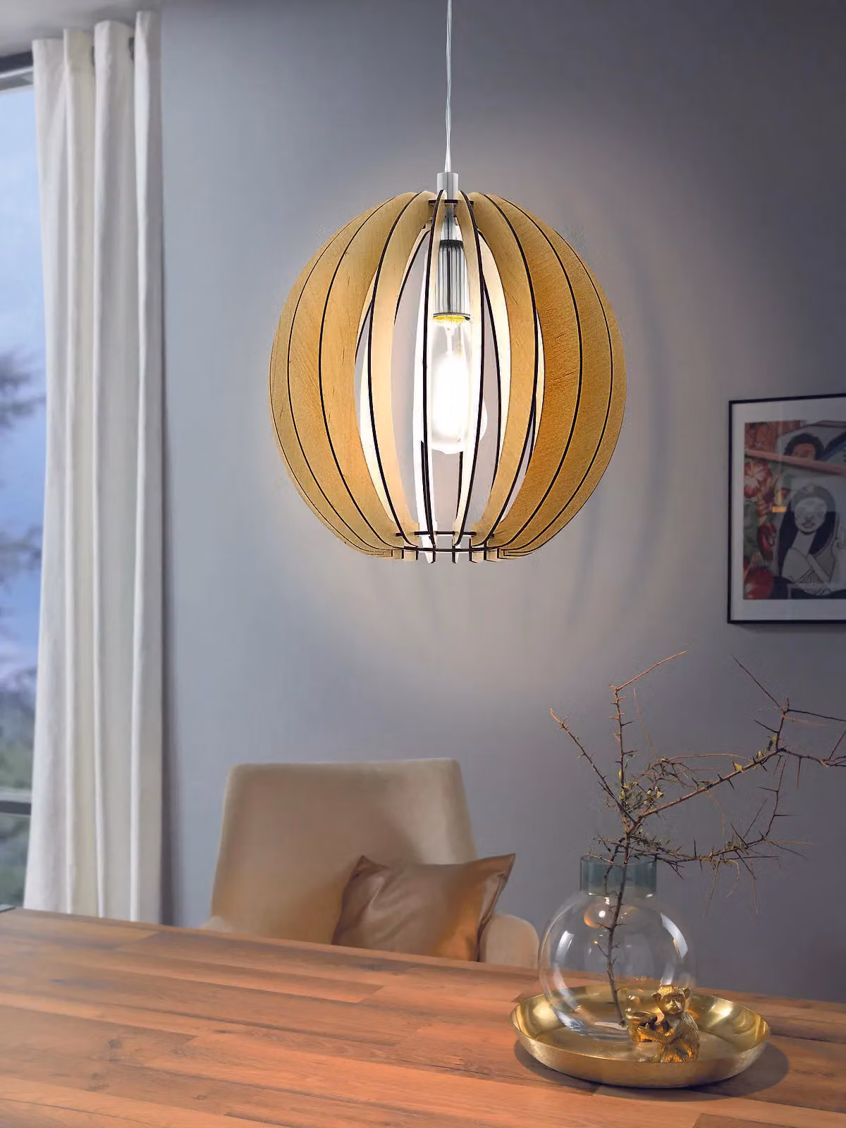 Loops Pendant Ceiling Light in Satin Nickel and Maple Wood with E27 Bulb Holder – 2