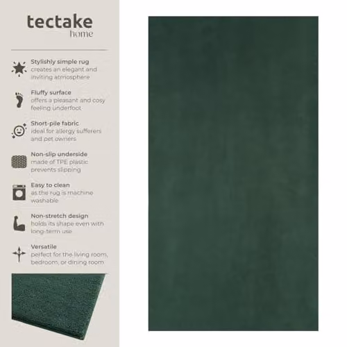 tectake Green Fluffy Rug, Allergy-Friendly and Washable Short-Pile Polyester Carpet, W: 80 cm, L: 150 cm – 3