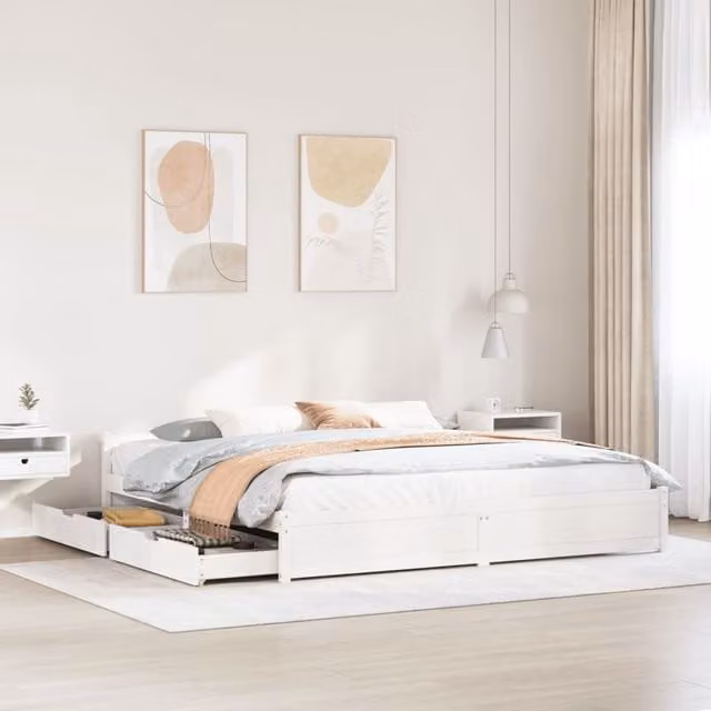 Berkfield Home Super King Solid Wood Pine Bed Frame in White, W/D/H: 180 x 200 cm