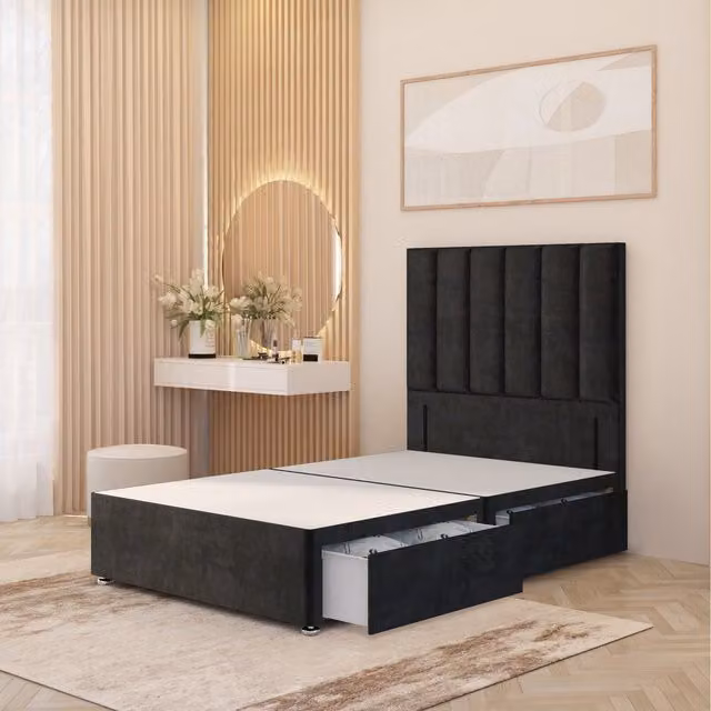Somnior Beds Ltd Austin Velvet Divan Bed Base with Headboard and Drawers, Black, W/D/H: 140 x 200 x 34.5 cm