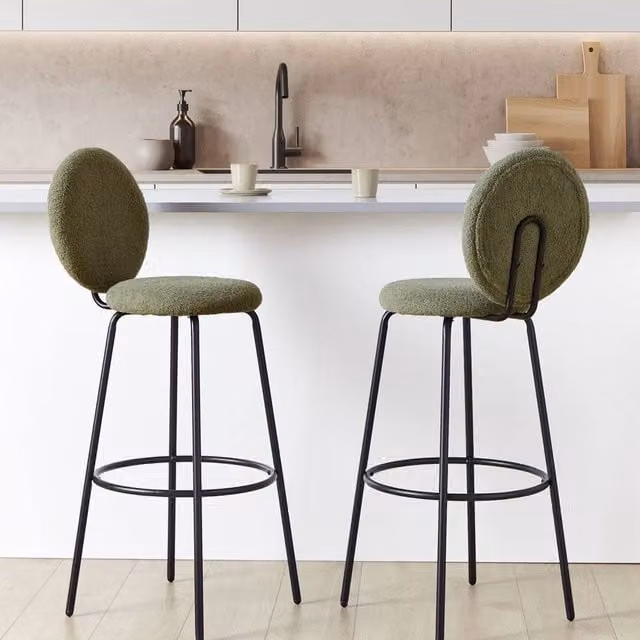 Wyld and Coco Astra Set of 2 Green Boucle Bar Stools with Black Metal Legs