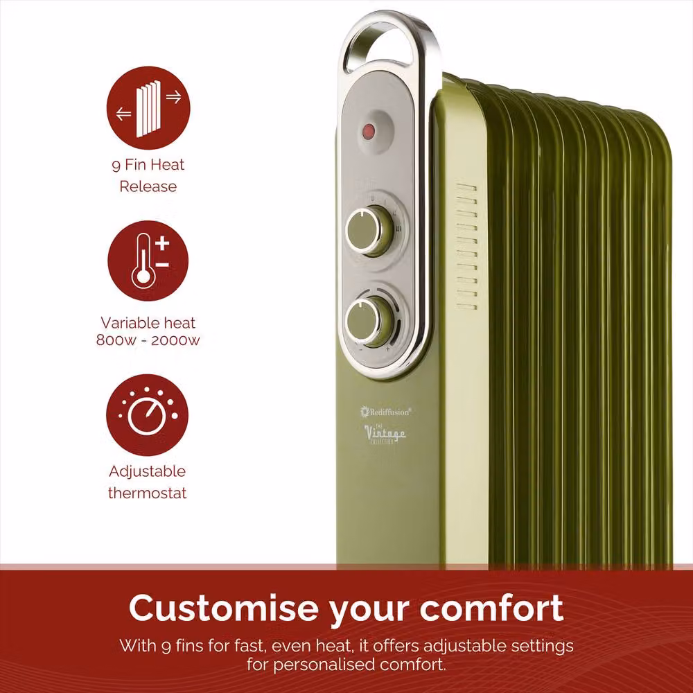 Rediffusion Vintage 9 Fin Oil Filled Radiator 2kW in Blue and Green – 5