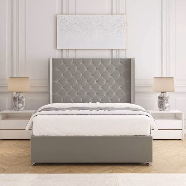 BSSPOKE Amelia Super King Divan Bed Set with 54 inch Headboard and Mattress in Silver Plush Velvet, W/D/H: 200 x 200 cm