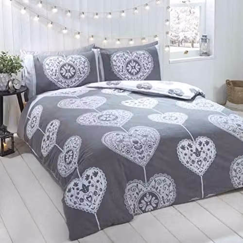 Rapport Home Christmas Scandi Cotton Flannelette Duvet Cover Set in Grey and Red, W/D/H: 200 x 200 cm with Pillowcases 50 x 75 cm