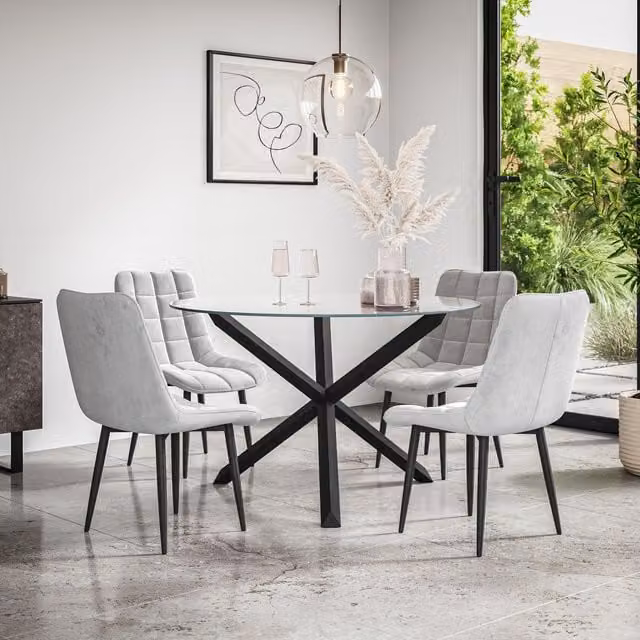 More4Homes Malvern Round Dining Table and Set of 4 Nova Velvet Grey Chairs with Clear Glass Top and Black Solid Oak Legs, Diameter: 120 cm, Height: 75 cm – 1