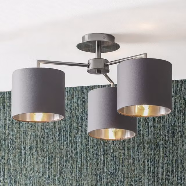 Pacific Lifestyle Modern 3 Arm Suspended Ceiling Light with Grey and Silver Drum Lampshades