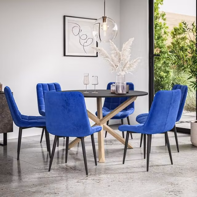 More4Homes Malvern Round Dining Table and 6 Nova Blue Velvet Dining Chairs Set, Black Table Top with Solid Oak Legs, Diameter: 120 cm, Height: 75 cm