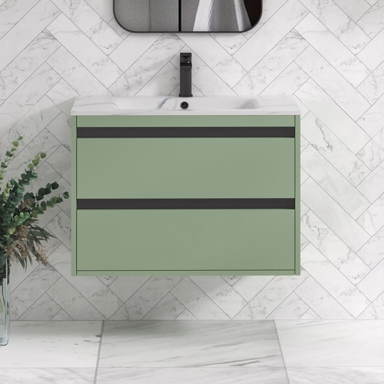 Royal Bathrooms Orion 800mm Wall Hung Vanity Unit with 2 Drawers in Mint Sage and Carrara White Basin with Black Accent Trim