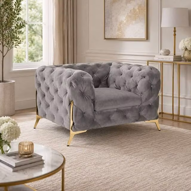 Stratus Interiors Grey Plush Velvet 1 Seater Italian Chesterfield Sofa – 1