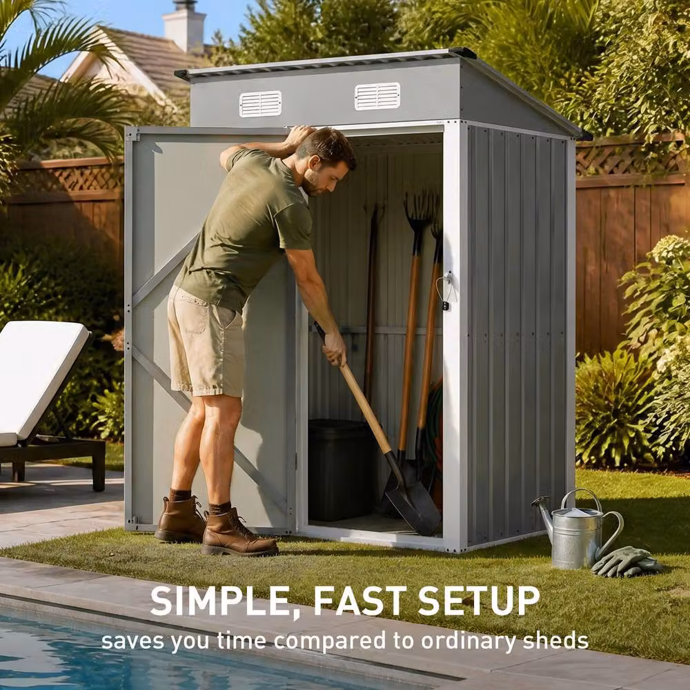 Living and Home Grey Metal Pent Garden Storage Shed with Lockable Door, W/D/H: 152.4 x 91.44 x 181.0 cm – 4