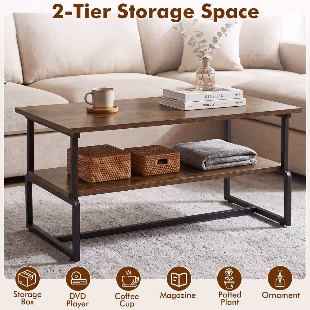 Gymax Industrial Double Tier Rectangular Coffee Table in Brown – 5