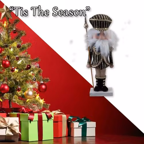 VFM e-Store Black and Gold Striped Christmas Nutcracker Tabletop Decoration H: 32 cm, W: 12 cm, D: 12 cm – 6