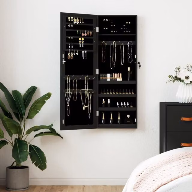 Berkfield Home Wall Mounted Mirror Jewellery Cabinet in Black, W/D/H: 37.5 x 10 x 106 cm