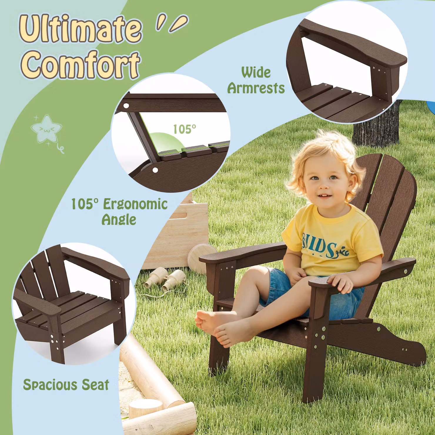 Gymax Brown All-Weather HDPE Toddler Adirondack Lawn Chair for Children aged 3-8 Years – 5