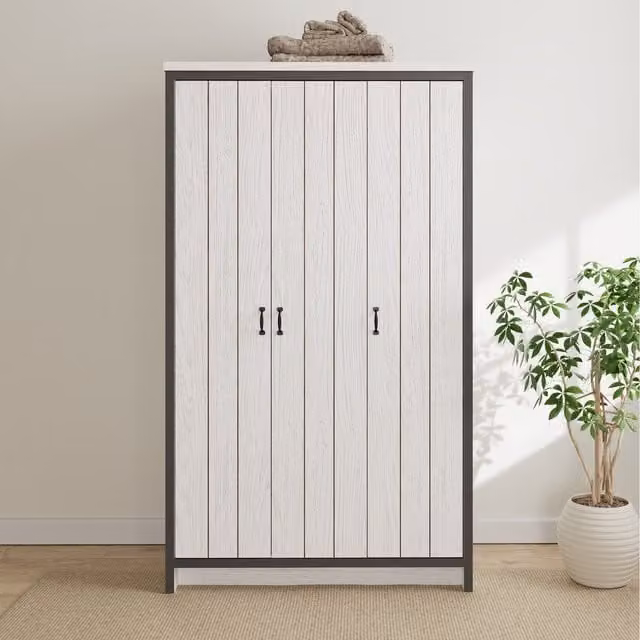GFW Boston 3 Door Industrial Wardrobe in White and Black with Metal Accents