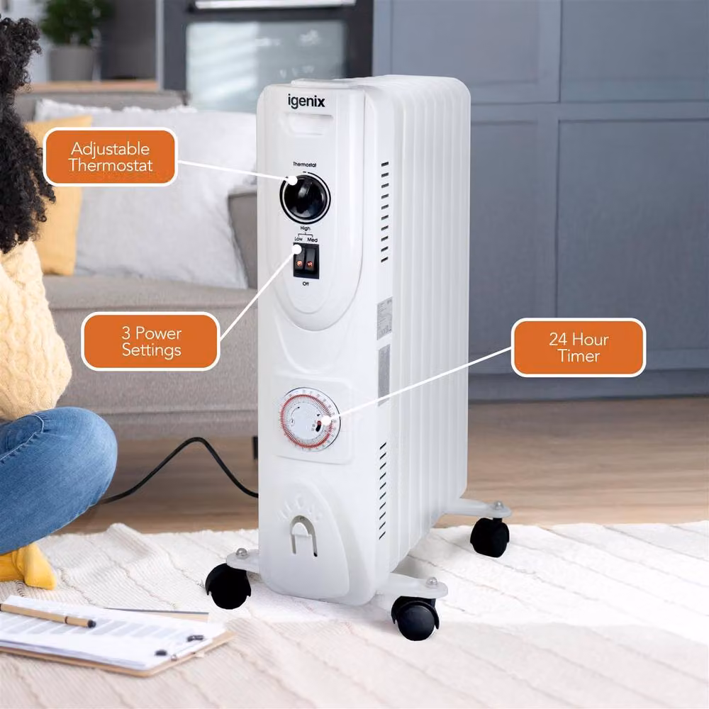 Igenix 2kW Oil Filled Radiator with Timer, White – 3