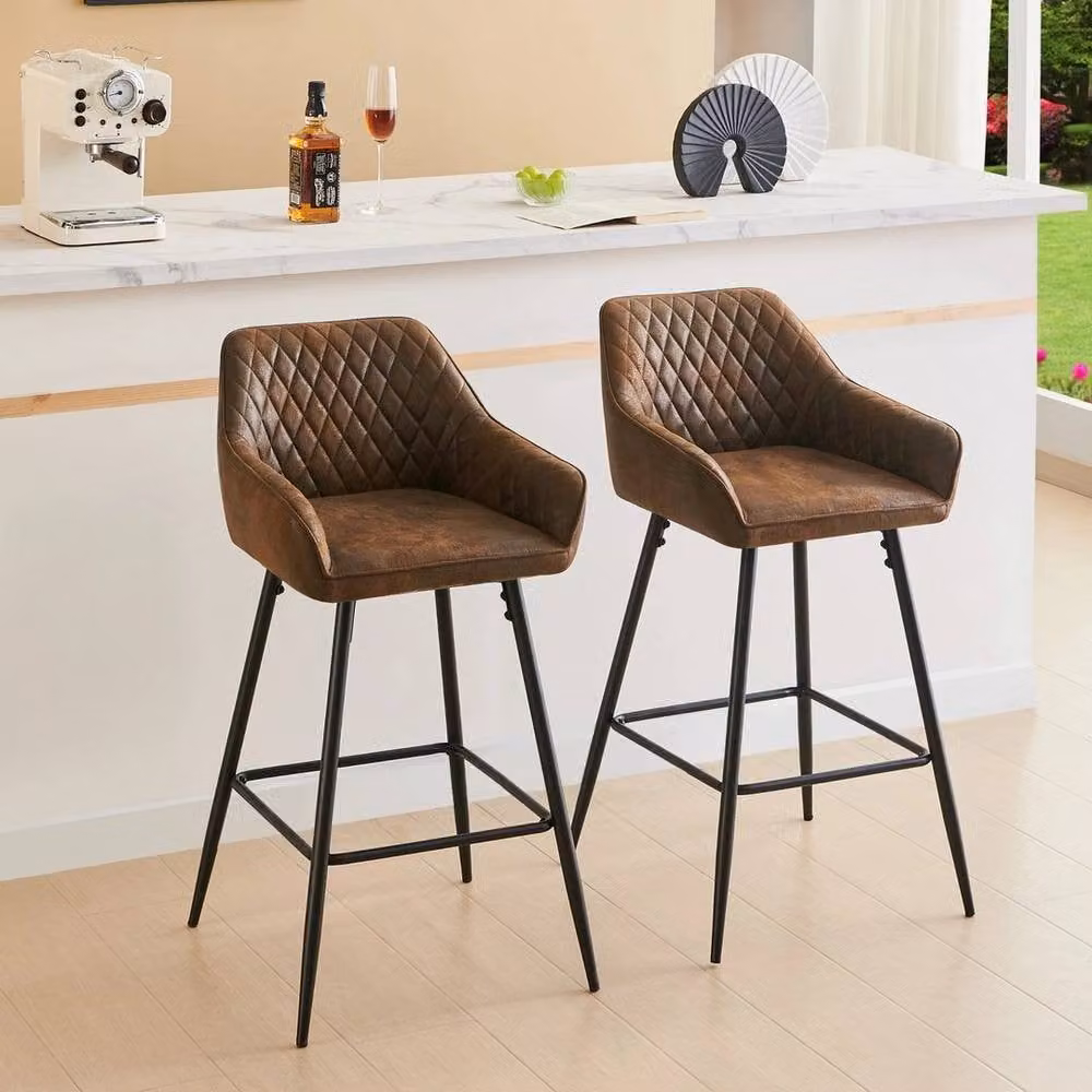 PAWNORA Set of 2 Modern Brown Faux Suede Bar Stools with Metal Legs – 4