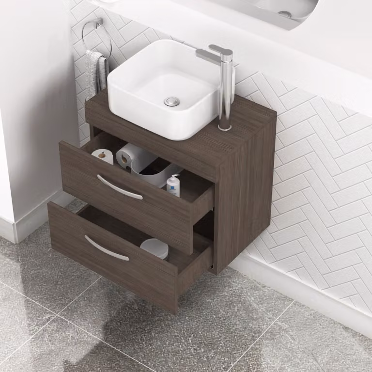 Royal Bathrooms Grey Elm Wall Hung Vanity Unit with Elena Countertop Basin and 2 Drawers