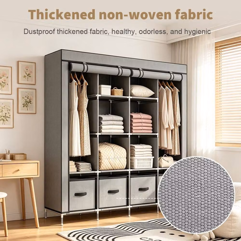 FORGEVIO Large Grey Fabric Canvas Wardrobe with Integrated Drawers and Hanging Rod – 3