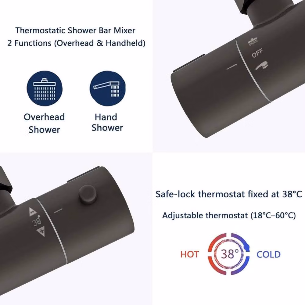 Hinsinc Matte Black Round Bar Twin Head Thermostatic Shower Set, Width: 180 cm, Height: 180 cm – 3