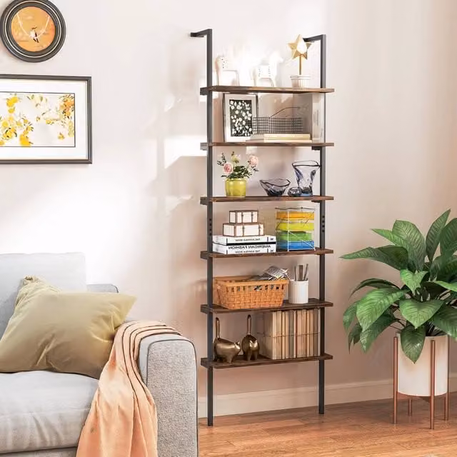 FORGEVIO 6-Tier Industrial Ladder Shelf with Metal Frame in Brown – 1