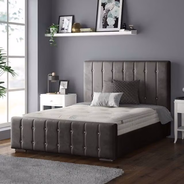 IH Design Anastasia Striped Plush Velvet Bed Frame in Charcoal Grey, Superking (200 x 200 cm)
