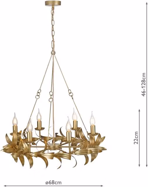 Dar NAD0635 Modern Suspended Round LED Pendant Light in Gold/Brass, Height Adjustable, Dimmable, E14, W/D/H: 68 x 68 x 128 cm