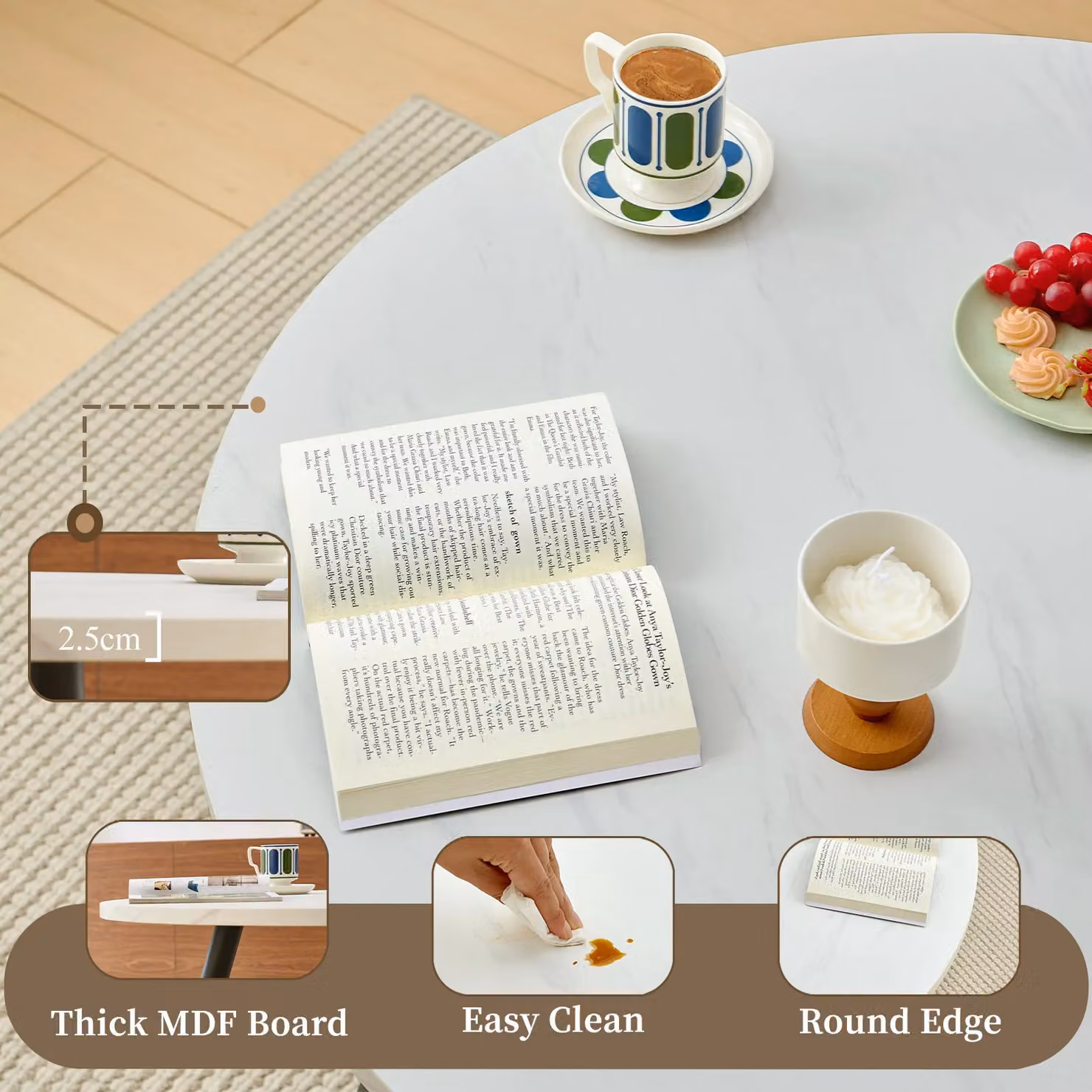 SONARA Round Rustic Dining Table with Wood Top and White Metal Legs, Diameter: 100 cm, Height: 75 cm – 2