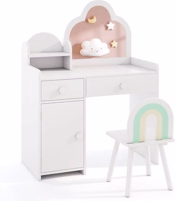 Costway Kids Vanity Table and Chair Set with Cloud-shaped Mirror in White