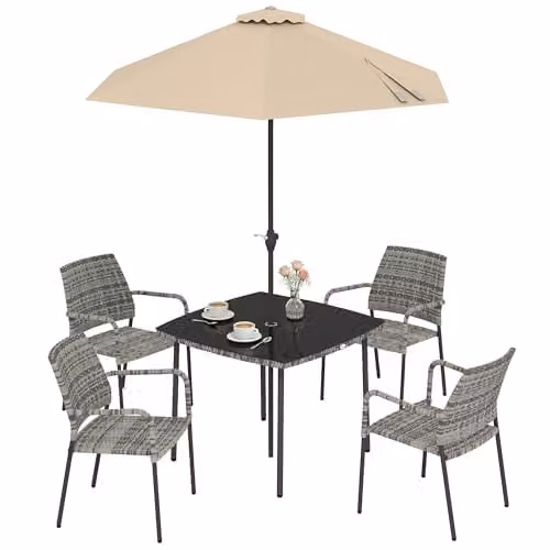 Outsunny 4 Seater Rattan Dining Set with Glass Table and Parasol, Grey – 1