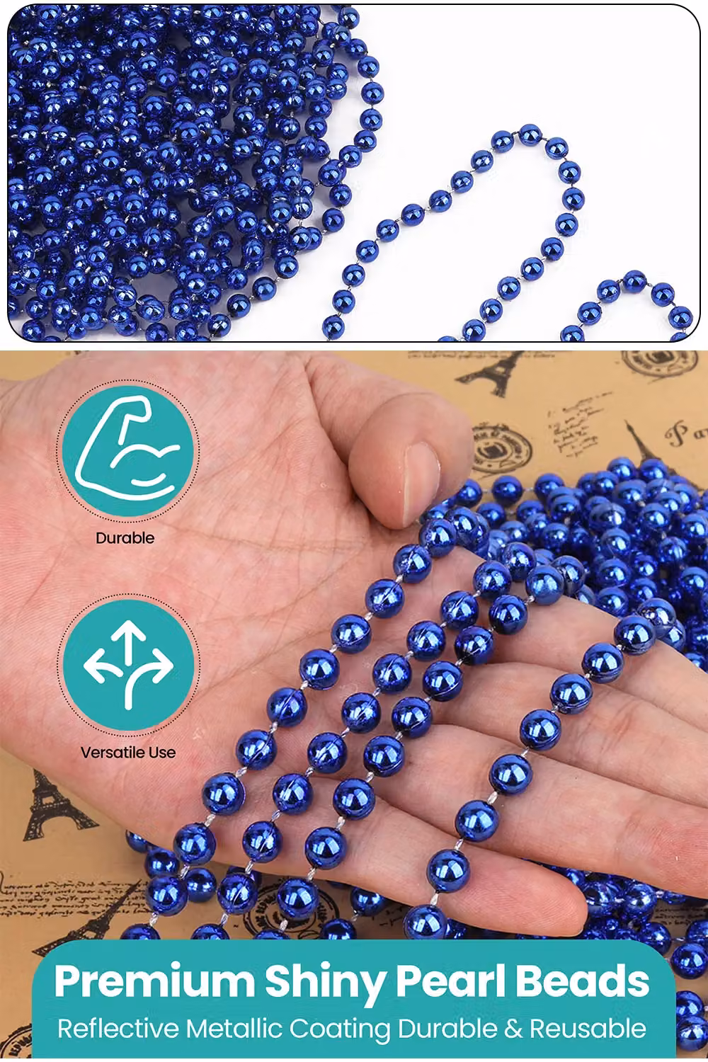 Neel Blue 9m Metallic Christmas Bead Chain with 7.5mm Shiny Pearl Garland in Royal Blue – 3