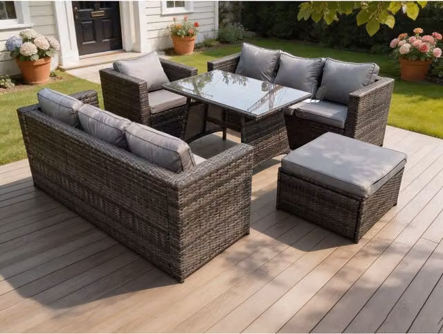 Fimous 8 Seater Rattan Dining Set with Armchairs and Table in Dark Grey