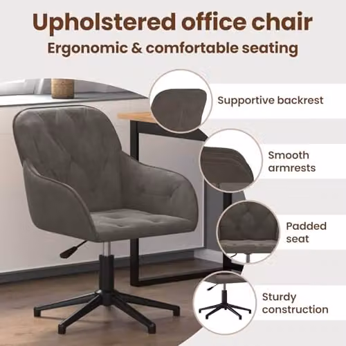 vidaXL Modern Velvet Task Chair in Grey with Armrests and 360 Degree Swivel, W/D/H: 56 x 61.5 x 72 cm – 4