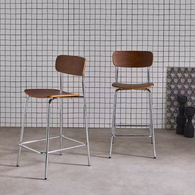 sweeek Vintage Metal and Plywood Bar Stool Set of 2 in Brown and Walnut