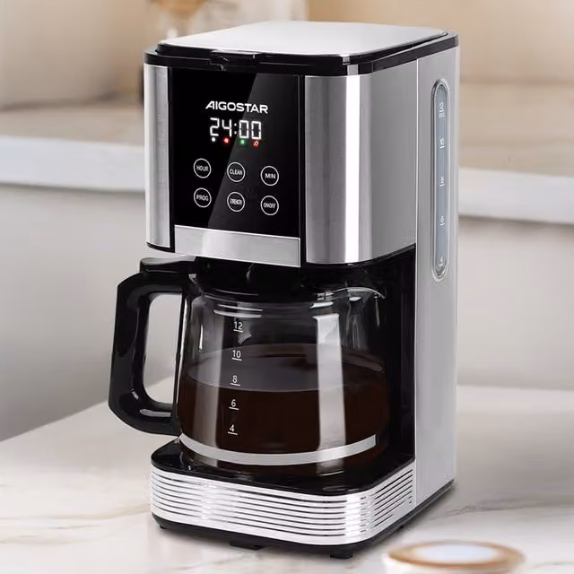 Aigostar 1000W Filter Coffee Machine with Glass Jug and Touch Display in Silver