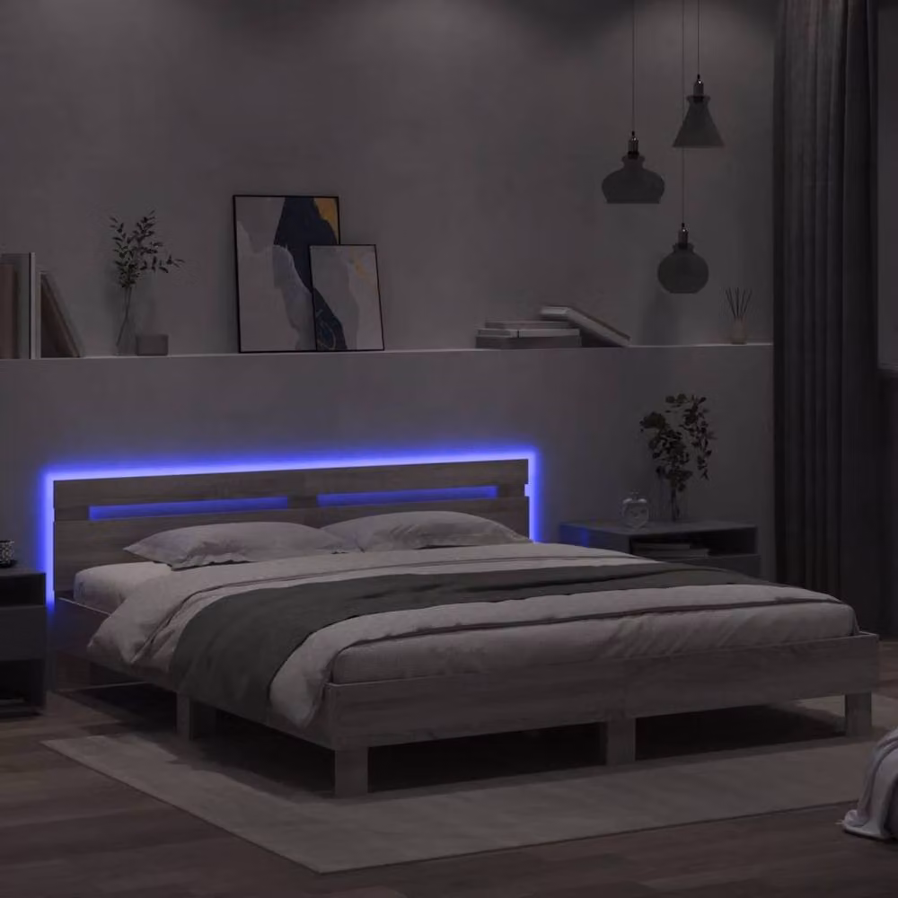 Berkfield Home Modern Grey Sonoma Bed Frame with LED Under-Bed Lighting and USB Charging Port, W/D/H: 200 x 200 cm – 3