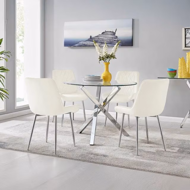 FurnitureboxUK Mid-Century Round Glass Dining Table with Four Beige Chairs