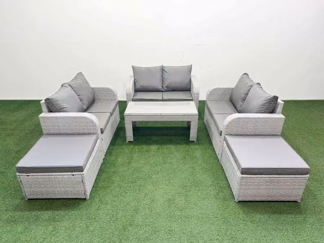 Fimous 8 Seater PE Wicker Rattan Garden Furniture Set in Light Grey with Oblong Coffee Table, 2 Seater Love Sofa and 2 Large Footstools