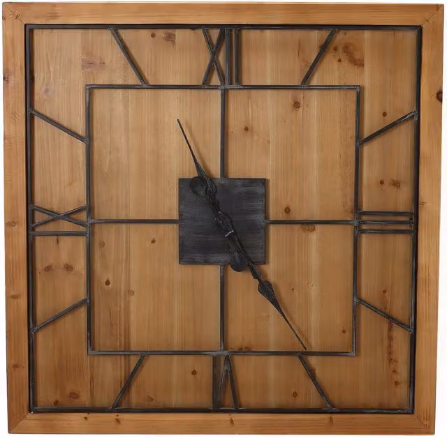KDMK Modern Square Analog Quartz Wall Clock in Brown and Grey Wood and Metal