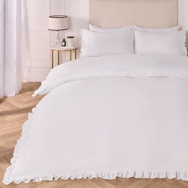 OHS White Plain Ruffled Frill Edge Duvet Cover Set, 200 x 200 cm