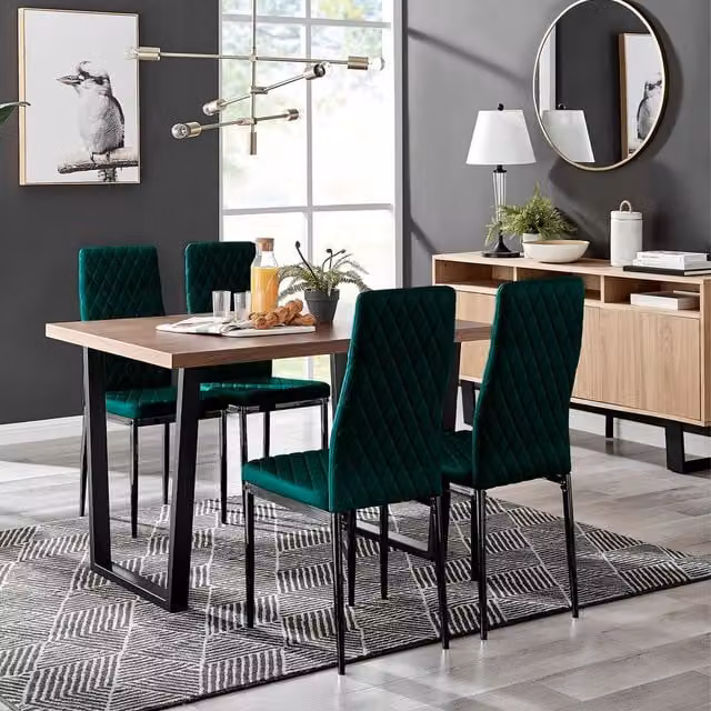 FurnitureboxUK Kylo Brown Wood Effect Dining Table and 4 Green Velvet Milan Chairs with Black Legs