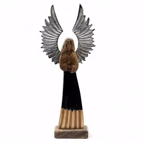 Serenityy Hand-Carved Mango Wood Guardian Angel Figurine with Metal Wings, Brown and Silver, H 40 x W 17 x D 5 cm – 1