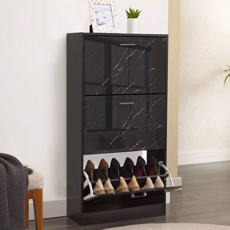 Slim 3 Drawer Tall Shoe Cabinet for Hallway in Black Glossy Finish