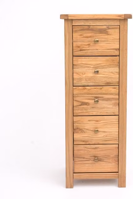 Cabinet Bits Trivento 5 Drawer Narrow Chest of Drawers in Sand Brown with Brass Knobs – 1